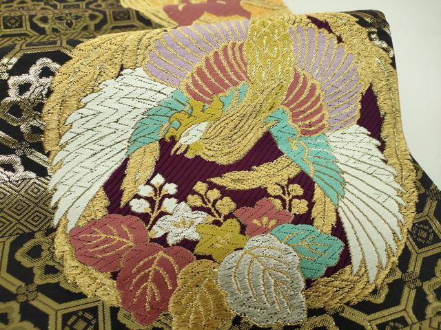 平和屋着物▼六通柄袋帯 鳳凰花丸文 黒地 金銀糸 正絹 逸品 DABJ8039ps