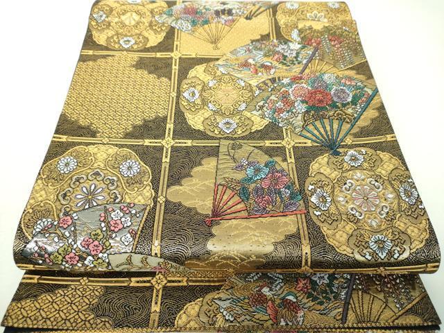 平和屋着物▼六通柄袋帯 流水扇華鳥文 金銀糸 正絹 逸品 DABJ8088ps