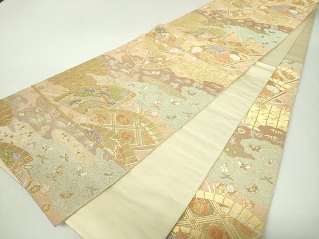 平和屋着物▼六通柄袋帯 唐織 夕錦 檜扇御所車花文 金糸 正絹 逸品 DABJ8098ps