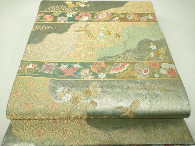 平和屋着物▼六通柄袋帯 宝尽くし鳳凰花文 金糸 引箔 正絹 逸品 DABJ8115ps