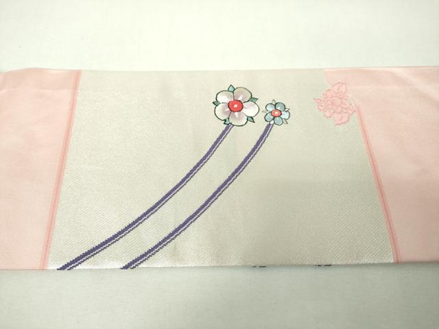 平和屋着物▼九寸名古屋帯 刺繍 舞花文 銀糸 正絹 逸品 DABJ8123ps