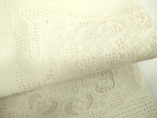 平和屋着物●中国三大刺繍 スワトウ相良刺繍 汕頭相良刺繍 総刺繍 太鼓柄袋帯 紬地 正倉院花文 生成色 正絹 逸品 未使用 DABJ8171ps