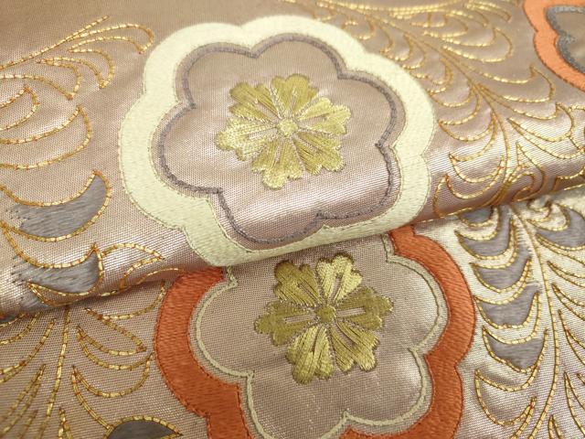 平和屋着物▼太鼓柄袋帯 駒刺繍 総刺繍 花唐草文 金糸 正絹 逸品 DABJ8184ps