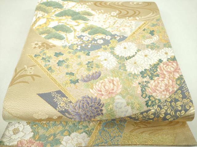 平和屋着物▼六通柄袋帯 唐織 吉祥花絵巻 金銀糸 正絹 逸品 DABJ8196ps