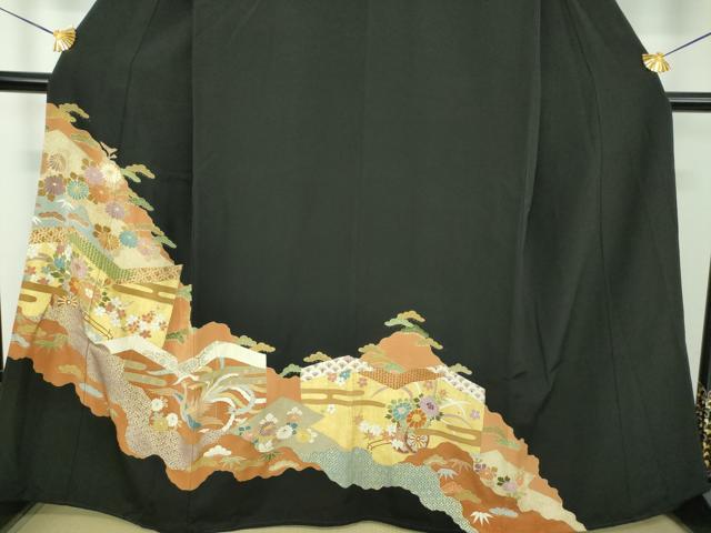 平和屋着物●豪華黒留袖 駒刺繍 花車鳳凰 金彩 伊勢丹扱い 正絹 逸品 DABJ8230ps
