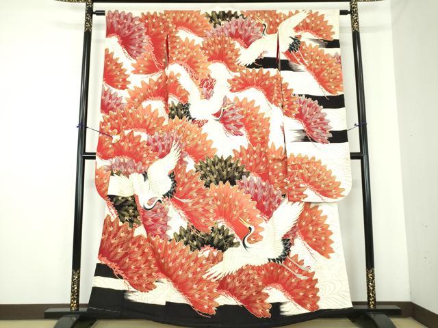 平和屋本店●アンティーク 大正ロマン 振袖 駒刺繍 飛鶴松文 金銀彩 正絹 逸品 DABJ8234ps