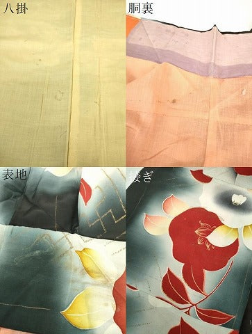 平和屋着物●アンティーク 大正ロマン 小紋 椿 暈し染め 金彩 正絹 逸品 DABJ8236ps