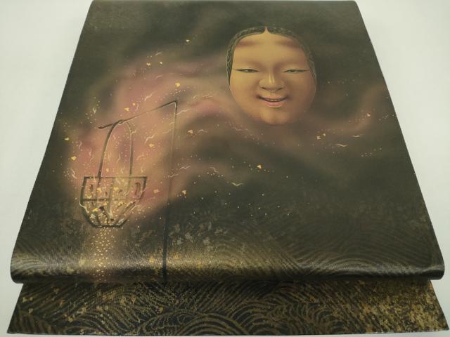 平和屋着物▼染色作家 青木龍雲 太鼓柄袋帯 手描き 能面 篝火 金銀彩 引箔 正絹 逸品 DABJ8300ps