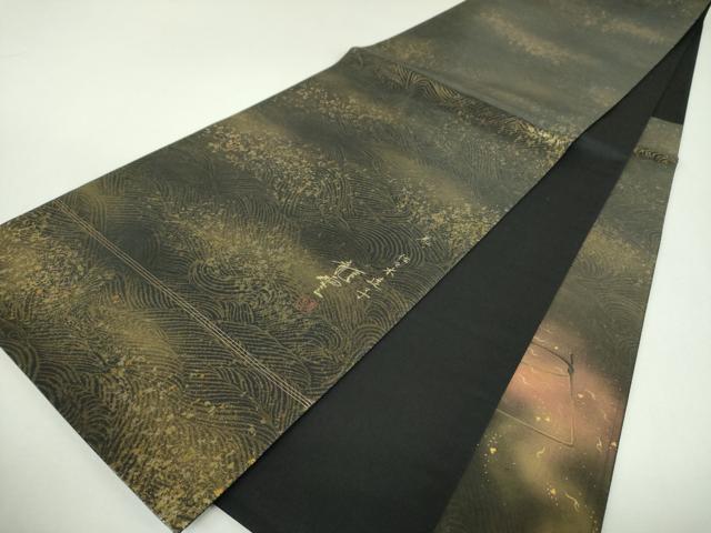 平和屋着物▼染色作家 青木龍雲 太鼓柄袋帯 手描き 能面 篝火 金銀彩 引箔 正絹 逸品 DABJ8300ps