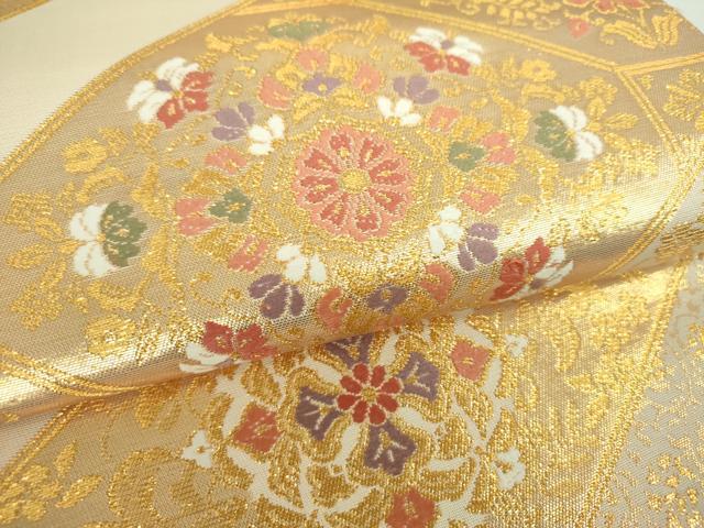 平和屋着物▼六通柄袋帯 蜀江正倉院花鳥文 金糸 正絹 逸品 未使用 DABJ8303ps