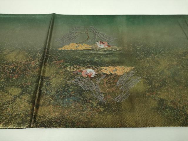 平和屋着物▼太鼓柄袋帯 唐織 枝垂れ柳 流水鴛鴦桜 金糸 引箔 正絹 逸品 DABJ8306ps