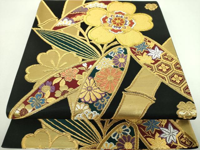 平和屋着物▼六通柄袋帯 笹竹花文 黒地 金銀糸 正絹 逸品 DABJ8318ps