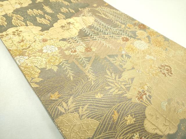 平和屋着物▼両面 六通柄袋帯 御所解柳橋文 金糸 正絹 逸品 DABJ8320ps