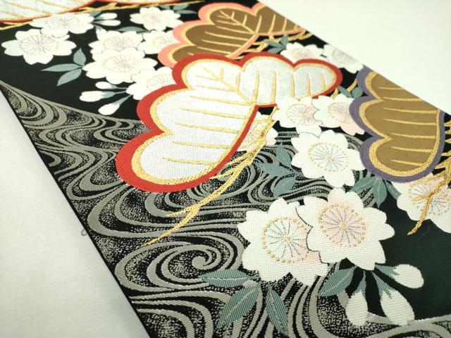 平和屋着物▼西陣 六通柄袋帯 唐織 流水桜松文 黒地 金銀糸 正絹 逸品 DABJ8328ps