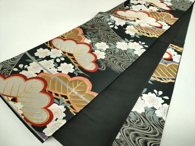 平和屋着物▼西陣 六通柄袋帯 唐織 流水桜松文 黒地 金銀糸 正絹 逸品 DABJ8328ps