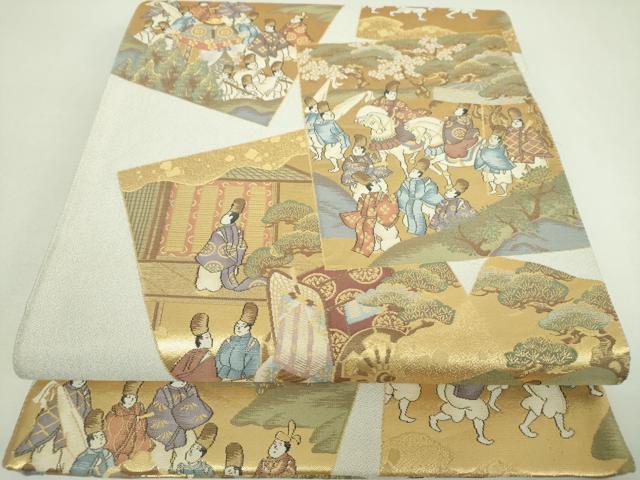 平和屋着物▼六通柄袋帯 色紙重ね人物風景 金銀糸 正絹 逸品 DABJ8329ps