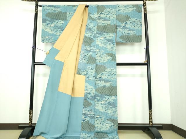 平和屋着物●上質な小紋 藍 型染 雲取り風景花文 ロング丈 正絹 逸品 DABJ8410ps