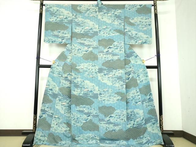平和屋着物●上質な小紋 藍 型染 雲取り風景花文 ロング丈 正絹 逸品 DABJ8410ps