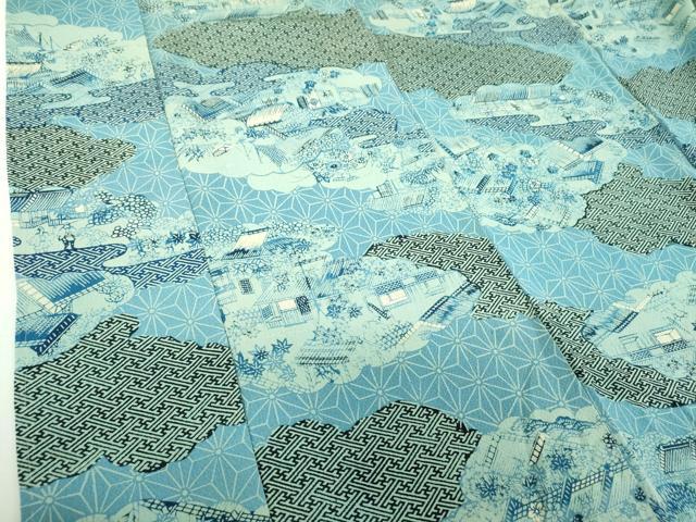 平和屋着物●上質な小紋 藍 型染 雲取り風景花文 ロング丈 正絹 逸品 DABJ8410ps