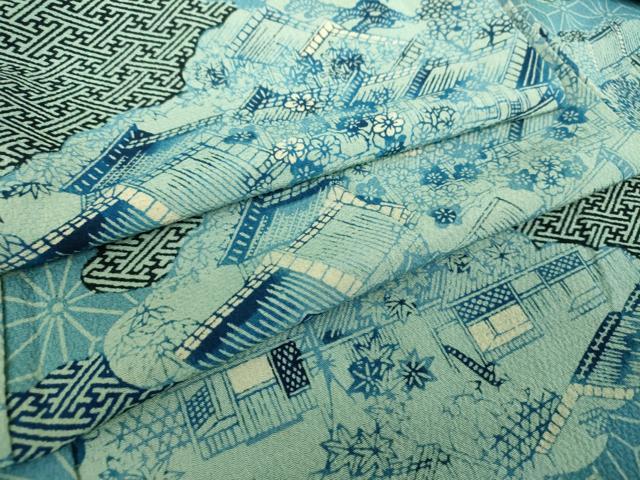 平和屋着物●上質な小紋 藍 型染 雲取り風景花文 ロング丈 正絹 逸品 DABJ8410ps