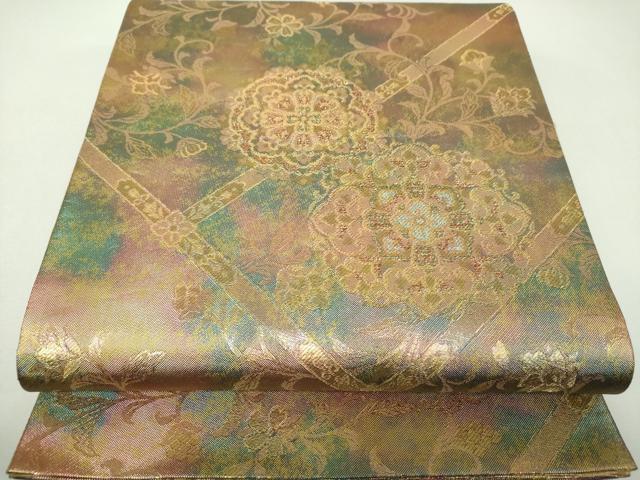 平和屋着物▼両面 六通柄袋帯 正倉院花文 金糸 引箔 正絹 逸品 DABJ8463ps