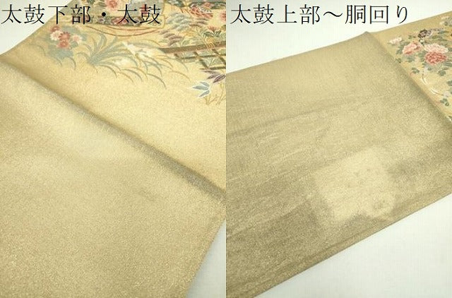 平和屋着物▼夏物 明綴れ 太鼓柄袋帯 檜扇貝桶鳳凰花文 金糸 正絹 逸品 DABJ8479ps