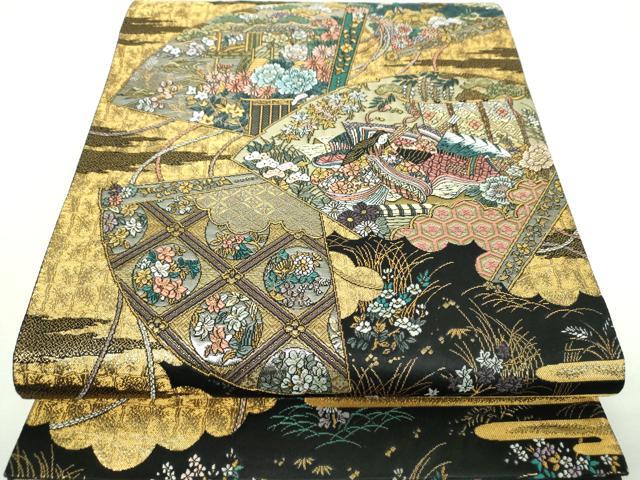 平和屋着物▼六通柄袋帯 唐織 扇面王朝華 黒地 金銀糸 正絹 逸品 DABJ8509ps