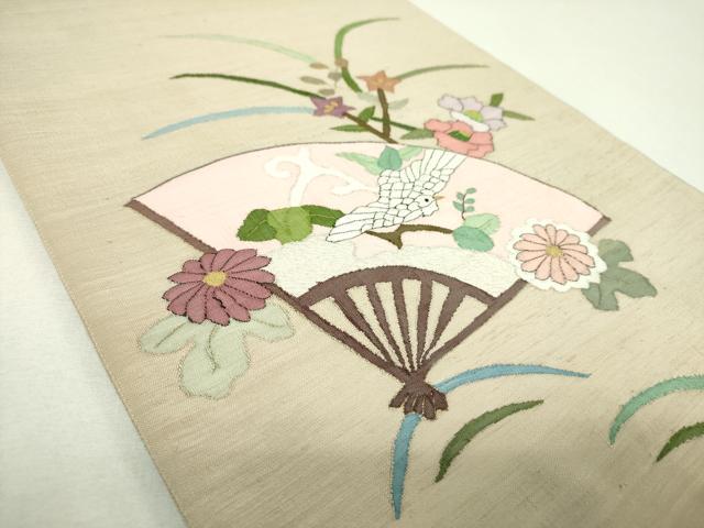 平和屋着物▼明綴れ 太鼓柄袋帯 扇面花鳥文 金糸 正絹 逸品 DABJ8532ps