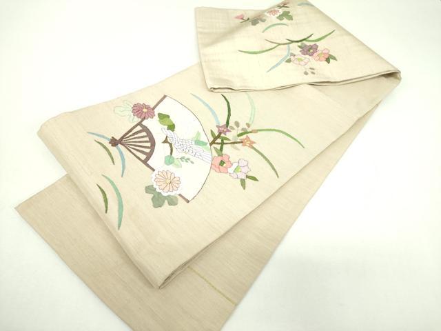 平和屋着物▼明綴れ 太鼓柄袋帯 扇面花鳥文 金糸 正絹 逸品 DABJ8532ps