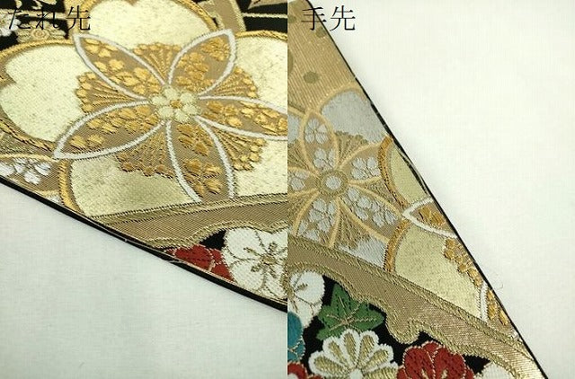 平和屋着物▼六通柄袋帯 立波舞桜文 黒地 金銀糸 正絹 逸品 DABJ8554ps