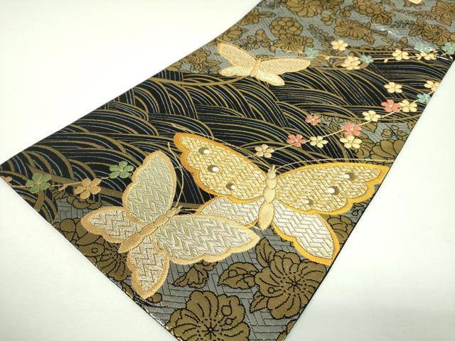 平和屋着物▼全通柄袋帯 舞蝶花文 金銀糸 正絹 逸品 DABJ8566ps
