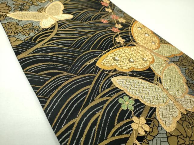 平和屋着物▼全通柄袋帯 舞蝶花文 金銀糸 正絹 逸品 DABJ8566ps