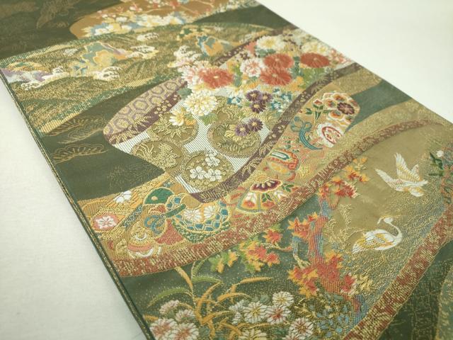 平和屋着物▼西陣 富田由起子謹製 六通柄袋帯 宝尽くし花鳥絵巻文 金糸 証紙付き 正絹 逸品 DABJ8601ps