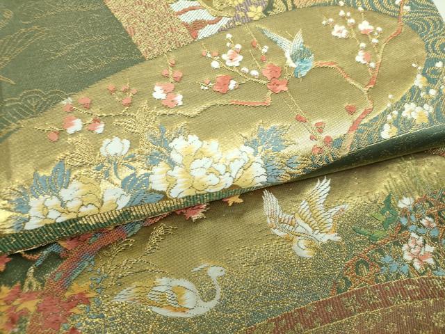 平和屋着物▼西陣 富田由起子謹製 六通柄袋帯 宝尽くし花鳥絵巻文 金糸 証紙付き 正絹 逸品 DABJ8601ps
