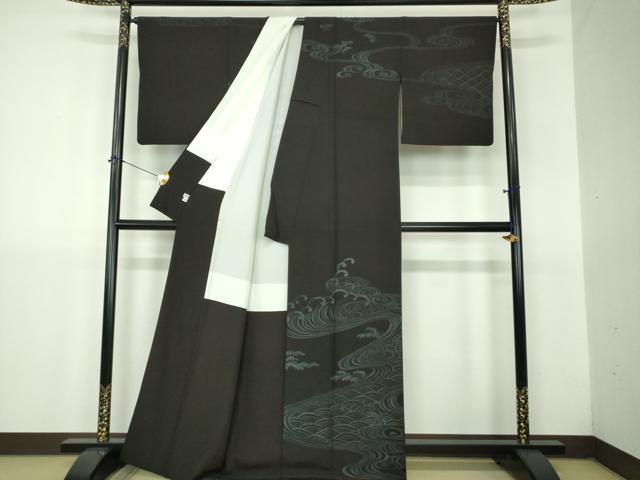 平和屋着物●訪問着 立波文 黒地 金彩 正絹 逸品 DABJ8623ps