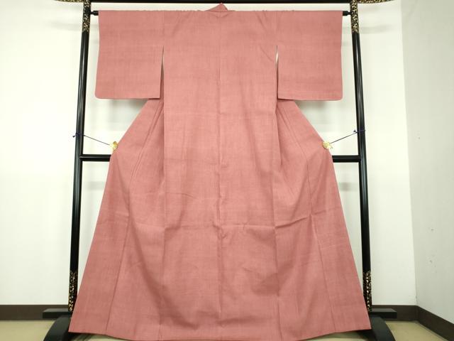 平和屋着物●本場結城紬 色無地 甚三紅色 正絹 逸品 DABJ8648ps