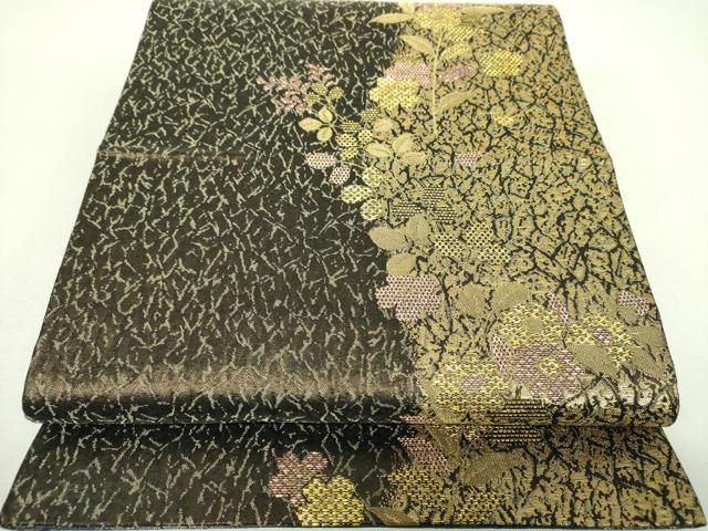平和屋着物▼両面 六通柄袋帯 草花文 金糸 正絹 逸品 DABJ8724ps