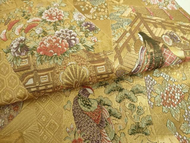 平和屋着物▼六通柄袋帯 色紙重ね人物花鳥文 金糸 正絹 逸品 DABJ8756ps