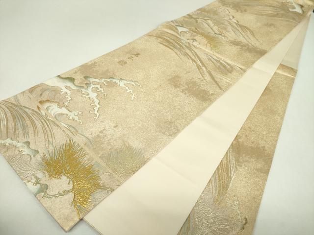 平和屋着物●金彩友禅 卓越技能者・名工・和田光正 六通柄袋帯 立波松立鶴 金銀彩 引箔 正絹 逸品 DABJ8760ps