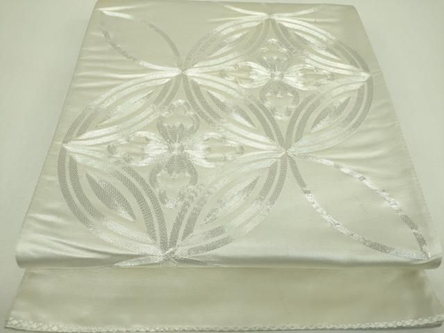平和屋着物▼太鼓柄袋帯 総駒刺繍 総刺繍 七宝花文 銀糸 正絹 逸品 DABJ8770ps