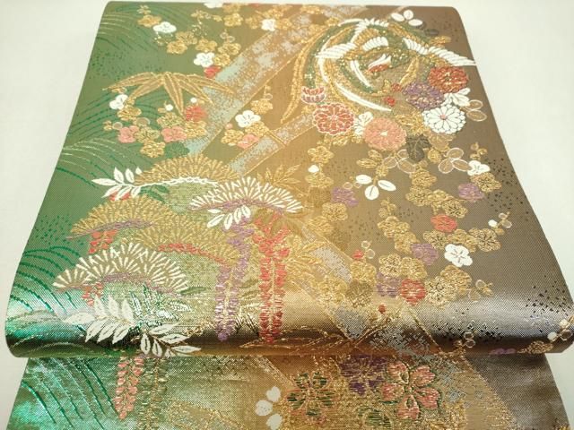 平和屋着物▼西陣 六通柄袋帯 松竹梅 鳳凰花文 金糸 証紙付き 正絹 逸品 未使用 DABJ8776ps