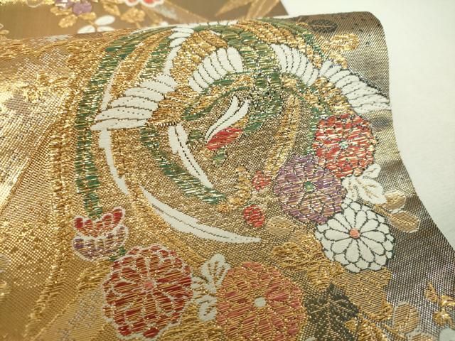 平和屋着物▼西陣 六通柄袋帯 松竹梅 鳳凰花文 金糸 証紙付き 正絹 逸品 未使用 DABJ8776ps