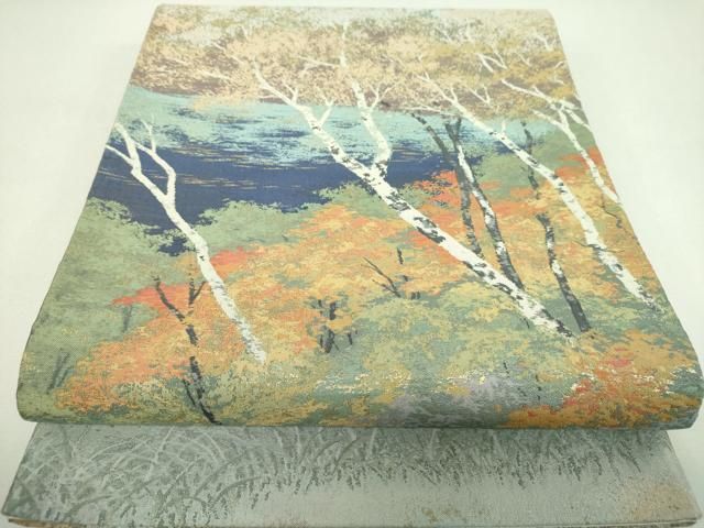 平和屋着物▼六通柄袋帯 紹巴 水辺風景 白樺 金糸 正絹 逸品 DABJ8778ps