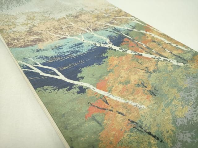 平和屋着物▼六通柄袋帯 紹巴 水辺風景 白樺 金糸 正絹 逸品 DABJ8778ps