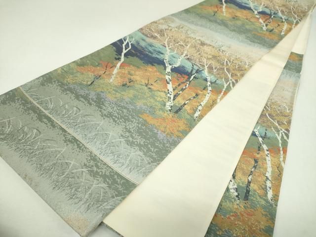 平和屋着物▼六通柄袋帯 紹巴 水辺風景 白樺 金糸 正絹 逸品 DABJ8778ps