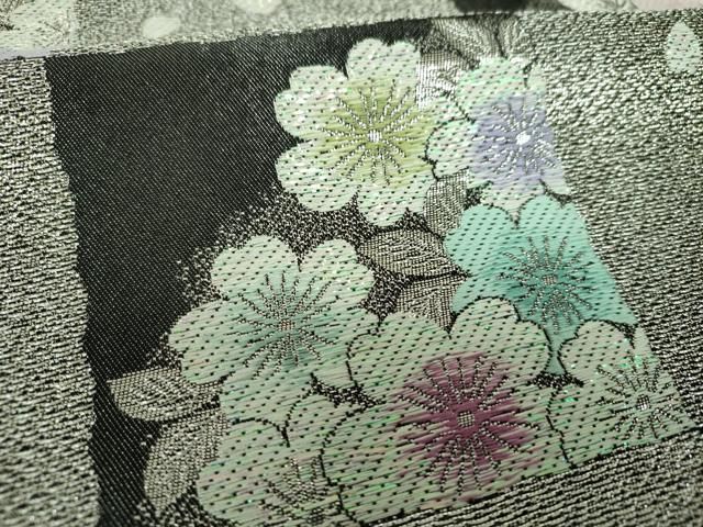 平和屋着物▼六通柄袋帯 市松舞桜 銀糸 正絹 逸品 DABJ8793ps
