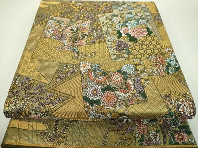 平和屋着物▼六通柄袋帯 色紙重ね舞蝶花鳥文 金銀糸 正絹 逸品 DABJ8805ps