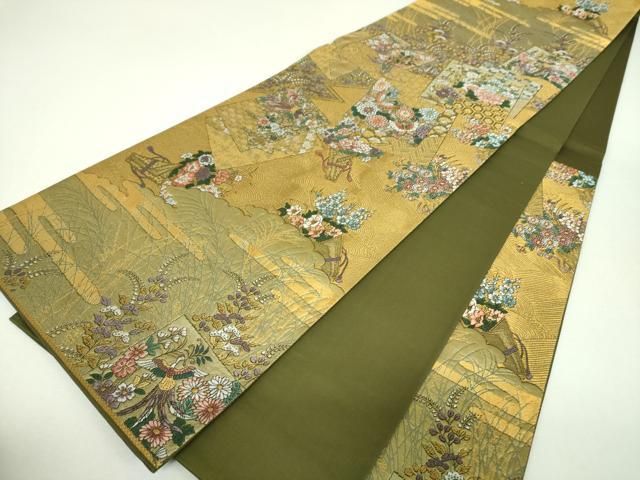 平和屋着物▼六通柄袋帯 色紙重ね舞蝶花鳥文 金銀糸 正絹 逸品 DABJ8805ps