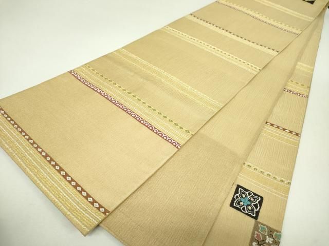 平和屋着物▼夏物 中国三大刺繍 相良刺繍 明綴れ 袋帯 市松花鳥文 金糸 正絹 逸品 DABJ8808ps