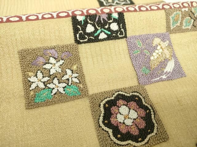 平和屋着物▼夏物 中国三大刺繍 相良刺繍 明綴れ 袋帯 市松花鳥文 金糸 正絹 逸品 DABJ8808ps